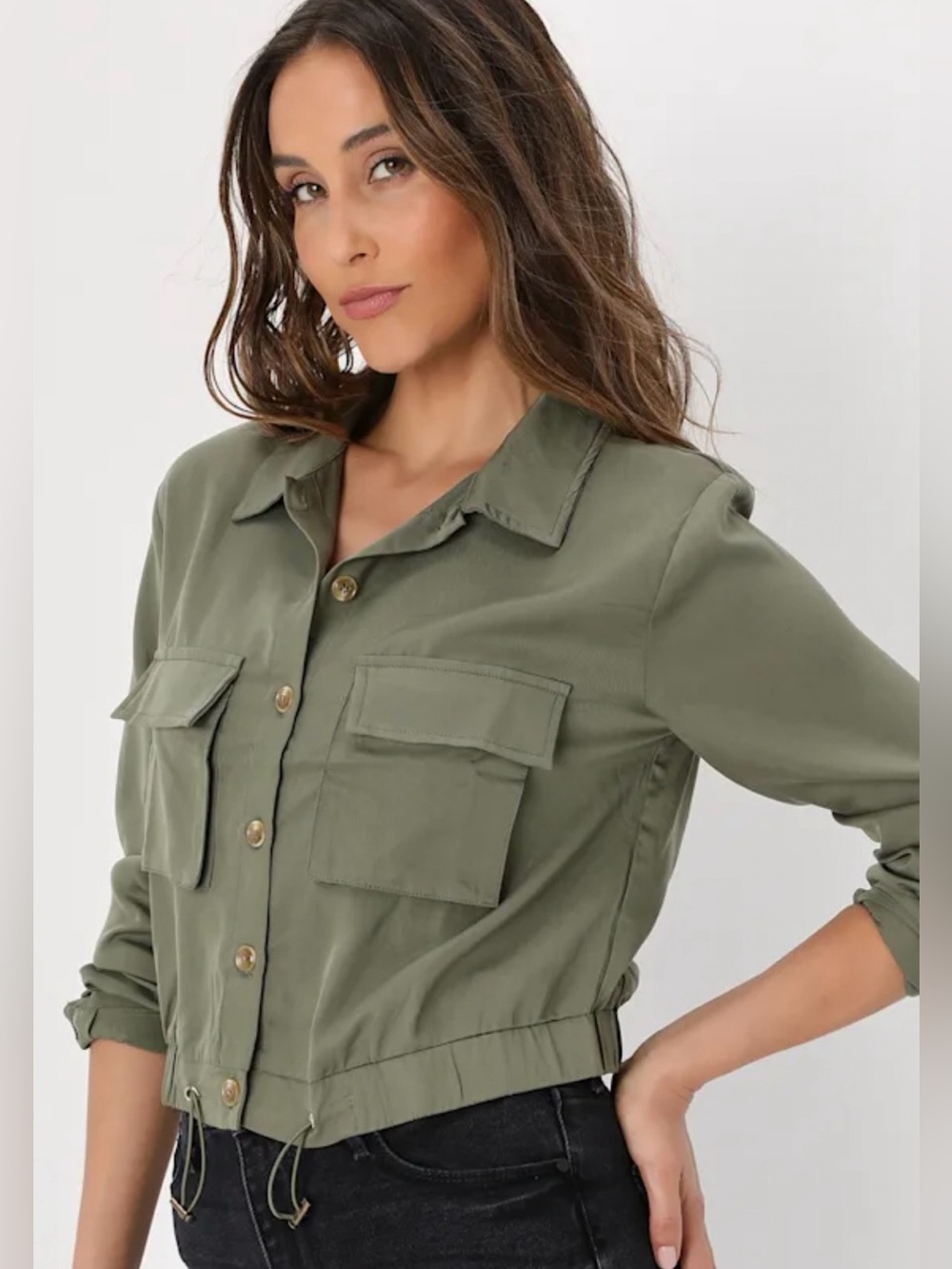 Lulus - Olive Utility Crop Jacket - Women's Lightweight Button-Front - Size Med